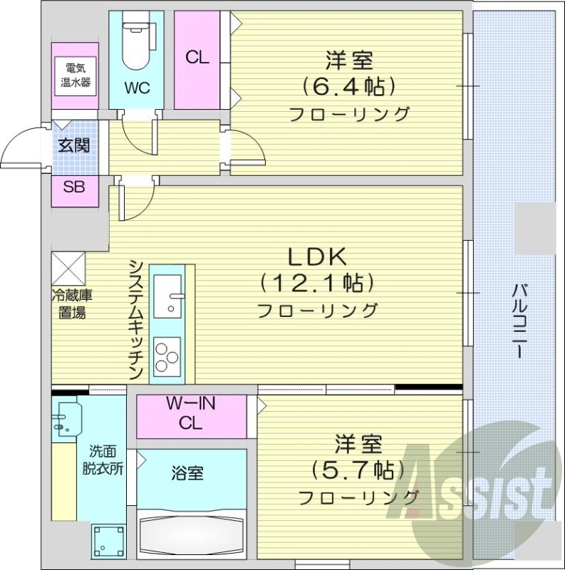 2DK、ガス給湯、エアコン、角部屋、床暖房、独立洗面台