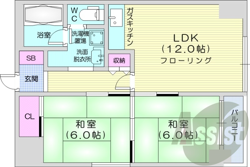2LDK、収納、洗濯機置場、灯油暖房、バストイレ別