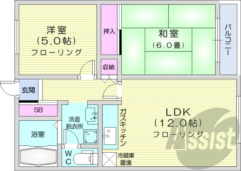 2LDK、収納、洗濯機置場、灯油暖房、バストイレ別