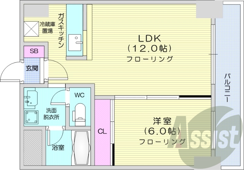 １LDK、エアコン、バルコニー、シャワートイレ、対面キッチン