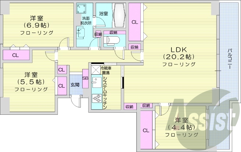 3LDK、都市ガス、システムキッチン、追い炊き