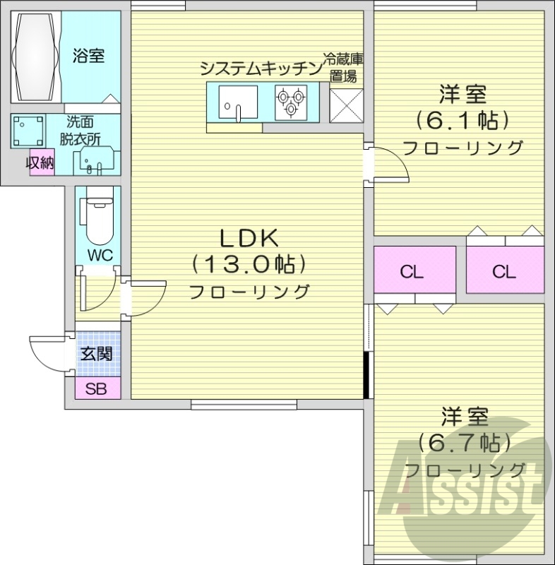 2LDK、システムキッチン、トランクルーム、灯油暖房