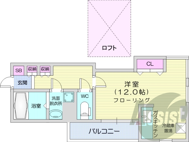 1R、角部屋、バストイレ別、オートロック、モニターホン