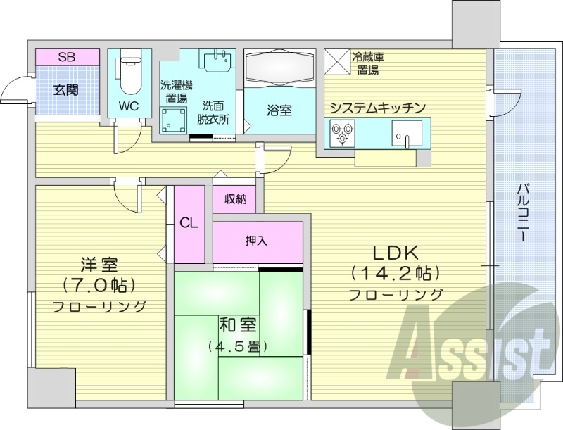 2LDK、ガス暖房、ネット無料、オートロック、宅配BOX