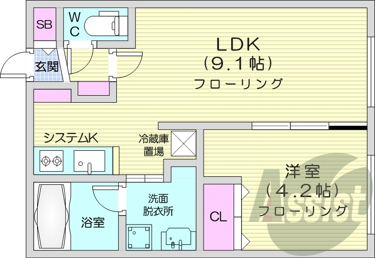 1LDK、エアコン、システムキッチン
