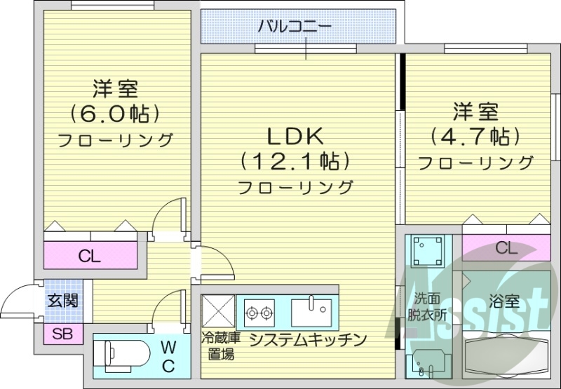 2LDK、エアコン、都市ガス、ネット無料
