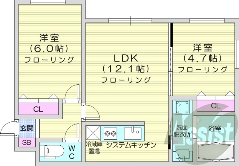 2LDK、エアコン、都市ガス、ネット無料