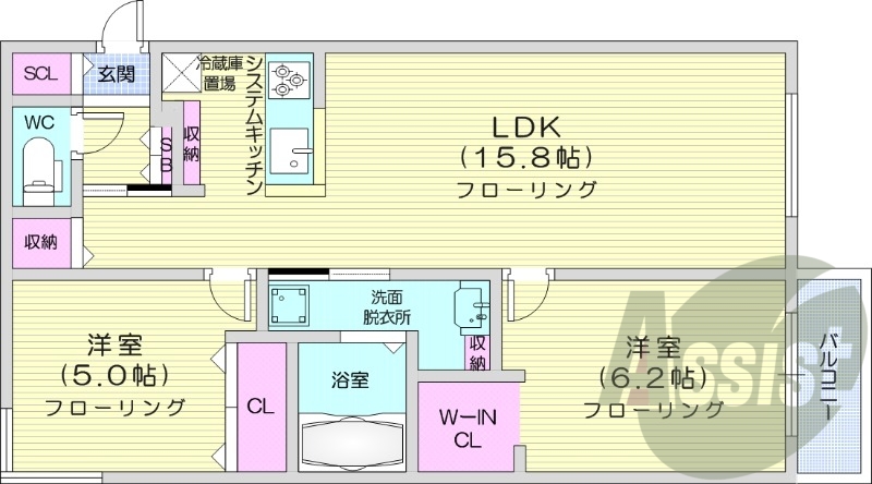 2LDK、エアコン、都市ガス、追い焚き、浴室乾燥機