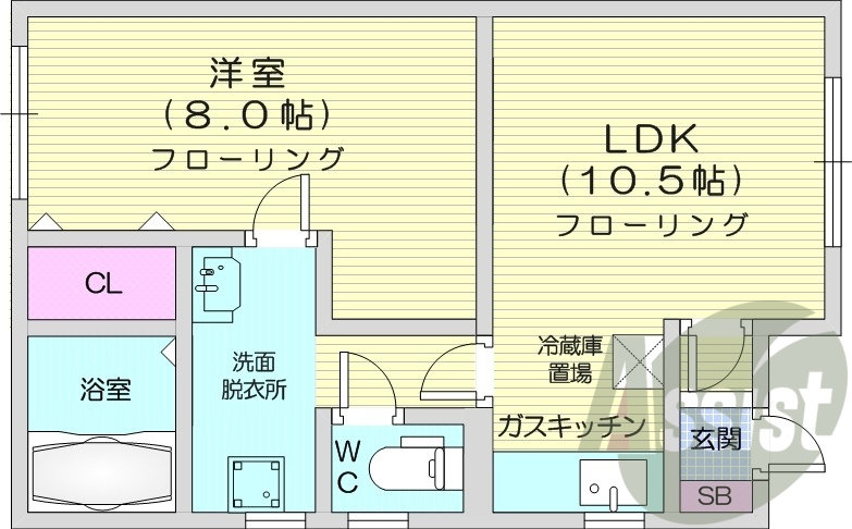 1LDK、バストイレ別、シューズボックス、独立洗面台、