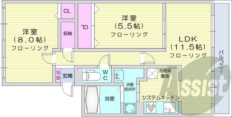 2LDK、都市ガス、システムキッチン、エアコン