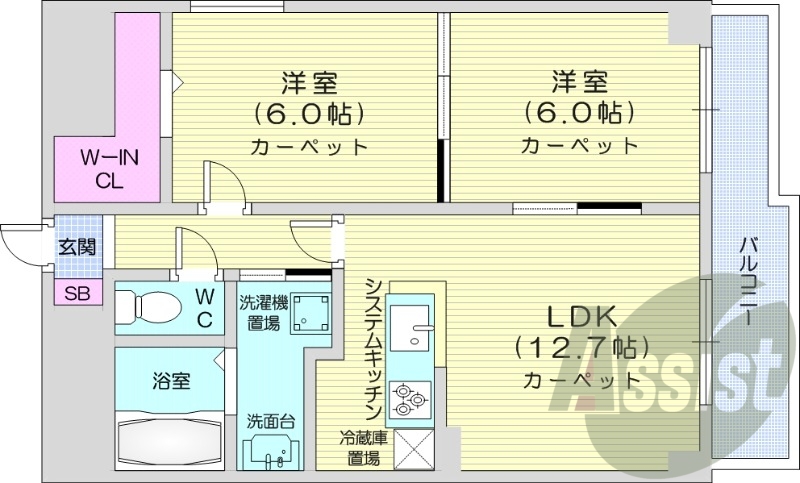 2LDK、独立洗面台、システムキッチン、バス・トイレ別