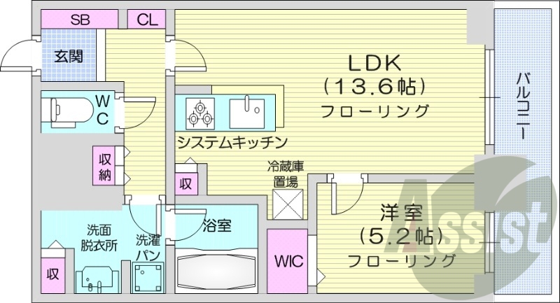 1LDK、システムキッチン、シャワートイレ、追い焚き