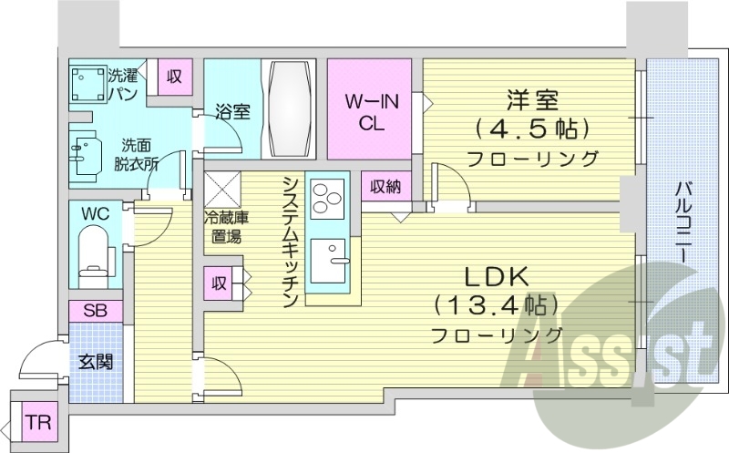 1LDK、システムキッチン、シャワートイレ、追い焚き