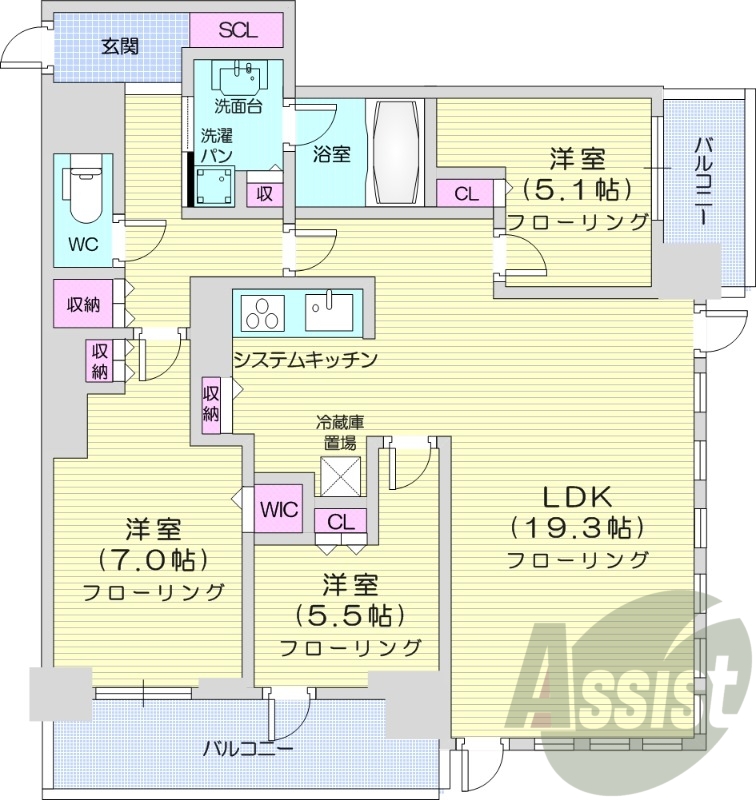 3LDK、システムキッチン、シャワートイレ、追い焚き