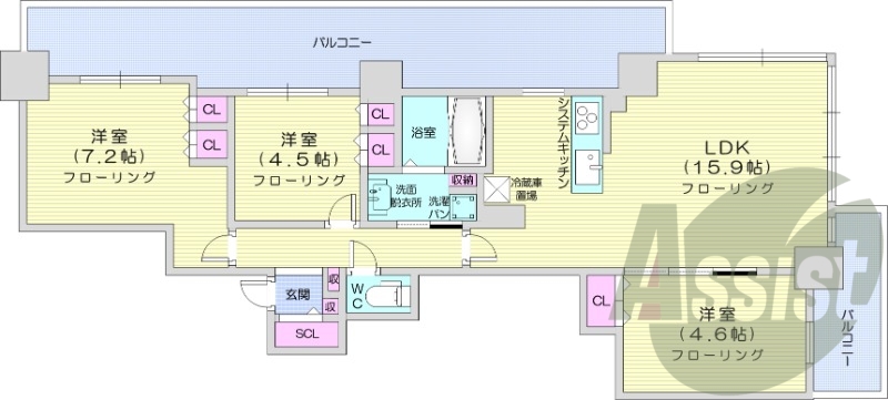 3LDK、システムキッチン、床暖房、シャワートイレ