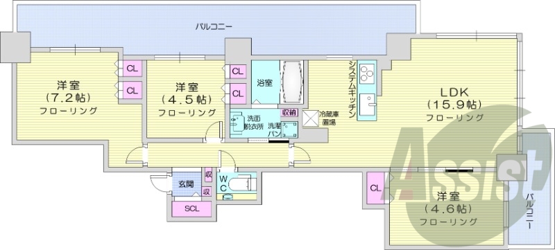 3LDK、システムキッチン、床暖房、シャワートイレ