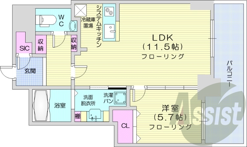 1LDK、都市ガス、追い焚き、浴室乾燥、システムキッチン