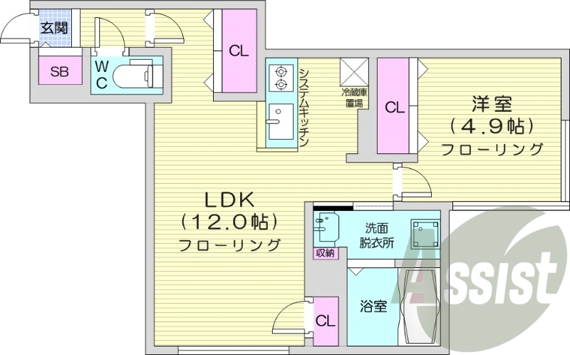 1LDK、エアコン、都市ガス、システムキッチン