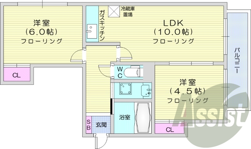 2LDK、エアコン、独立洗面台、シャワートイレ