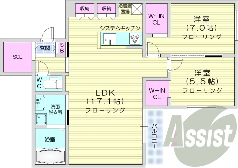 2LDK、都市ガス、エアコン、浴室乾燥機、追い焚き
