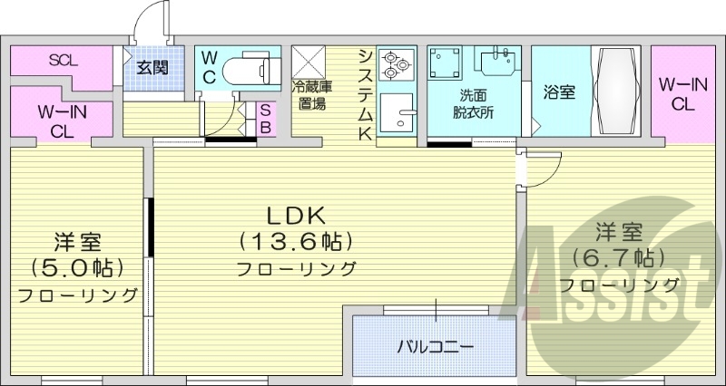 2LDK、都市ガス、エアコン、浴室乾燥機、追い焚き
