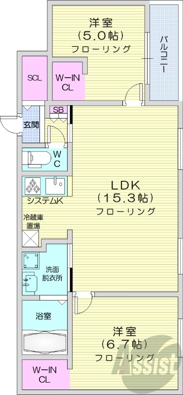 2LDK、都市ガス、エアコン、浴室乾燥機、追い焚き