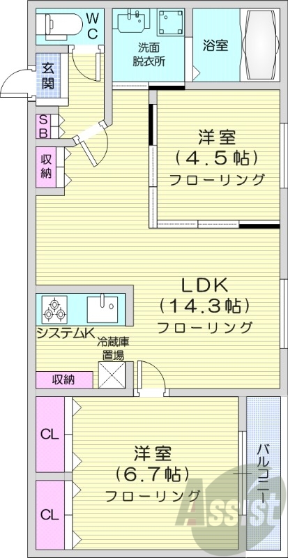 2LDK、都市ガス、エアコン、浴室乾燥機、追い焚き