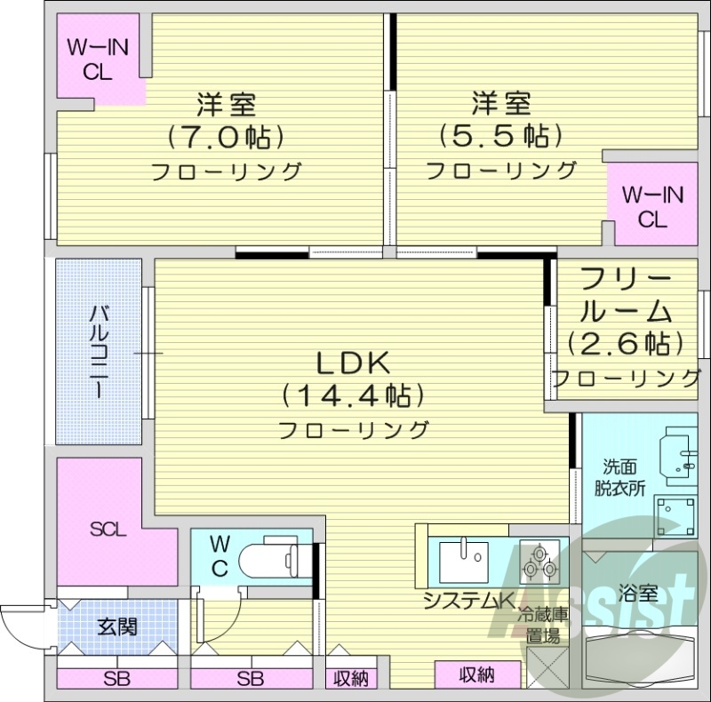 2LDK、都市ガス、エアコン、浴室乾燥機、追い焚き