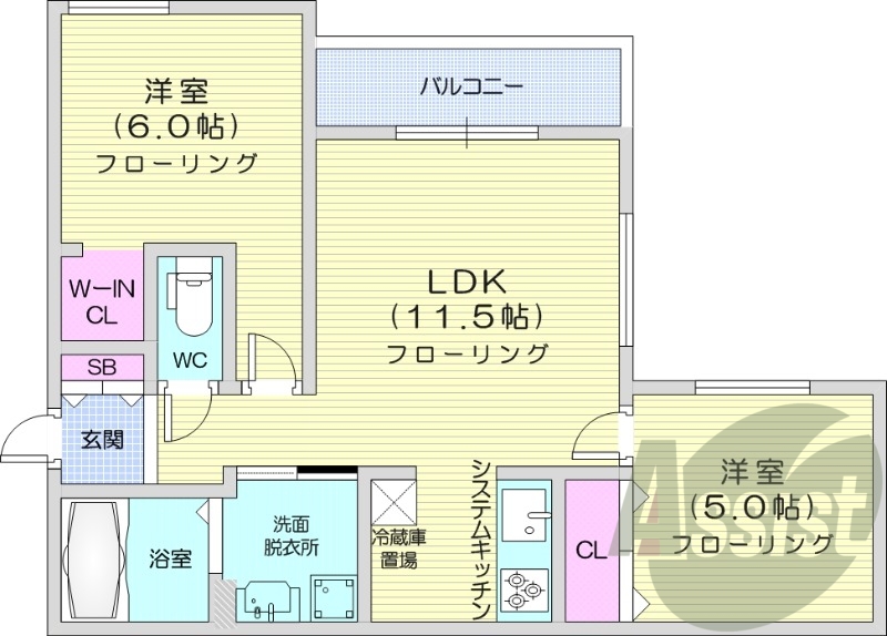 2LDK、都市ガス、エアコン、浴室乾燥機、追い焚き