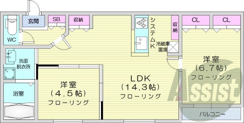 2LDK、都市ガス、エアコン、浴室乾燥機、追い焚き