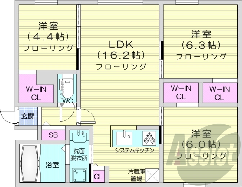 3LDK、エアコン、都市ガス、ペット飼育可