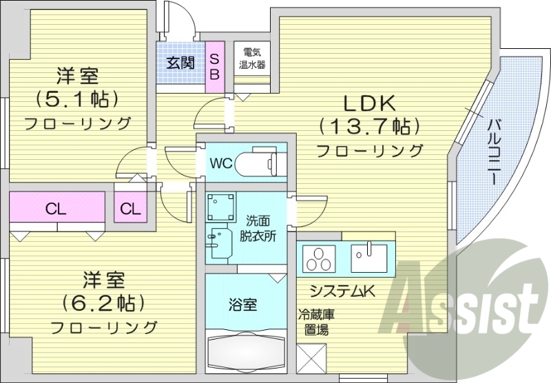 2LDK、オール電化、トランクルーム、光ファイバー