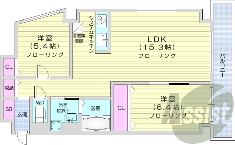 2LDK、エレベーター、追い焚き、システムキッチン