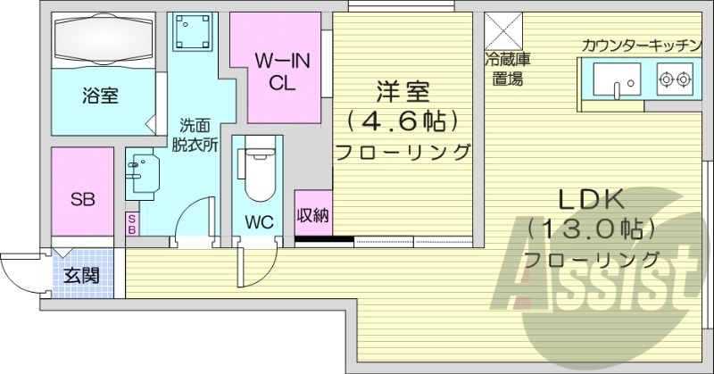 1LDK、エアコン、都市ガス、システムキッチン