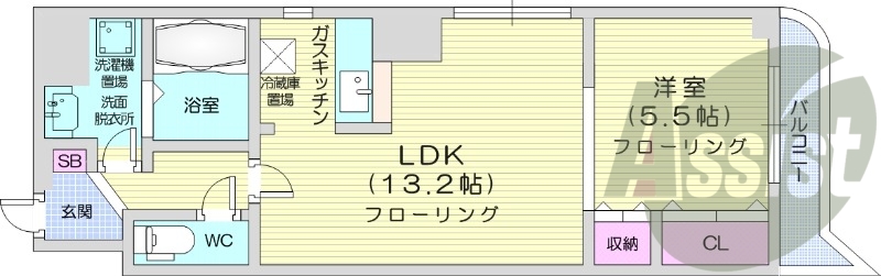 1LDK、オートロック、都市ガス、バストイレ別