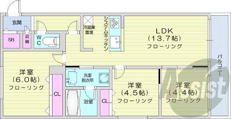 3LDK、都市ガス、エアコン、システムキッチン