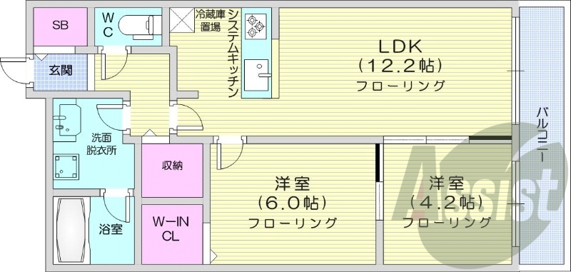 2LDK、都市ガス、エアコン、システムキッチン