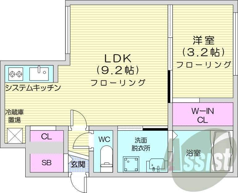 1LDK、エアコン、システムキッチン、独立洗面台