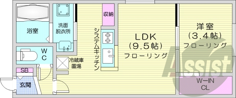 1LDK、エアコン、システムキッチン、独立洗面台