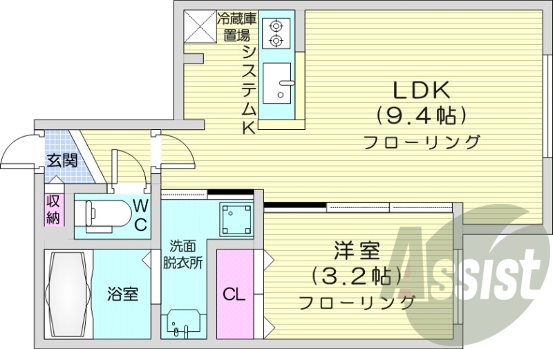 1LDK、エアコン、システムキッチン、独立洗面台