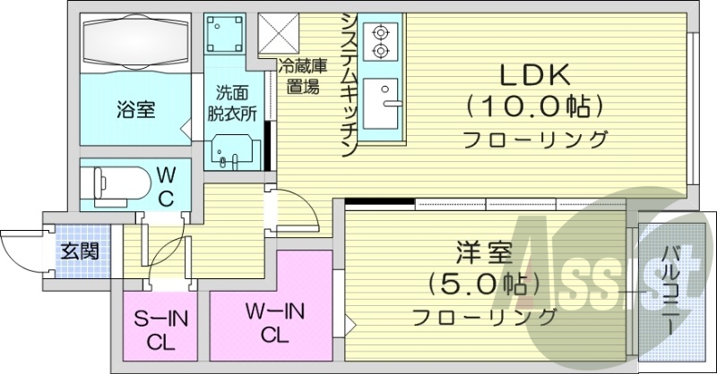 1LDK、都市ガス、エアコン、システムキッチン