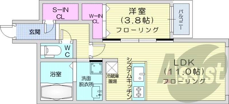 1LDK、都市ガス、エアコン、システムキッチン