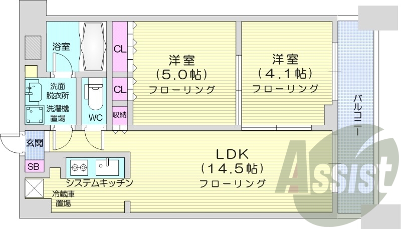 2LDK、都市ガス、追い焚き、浴室乾燥機、システムキッチン