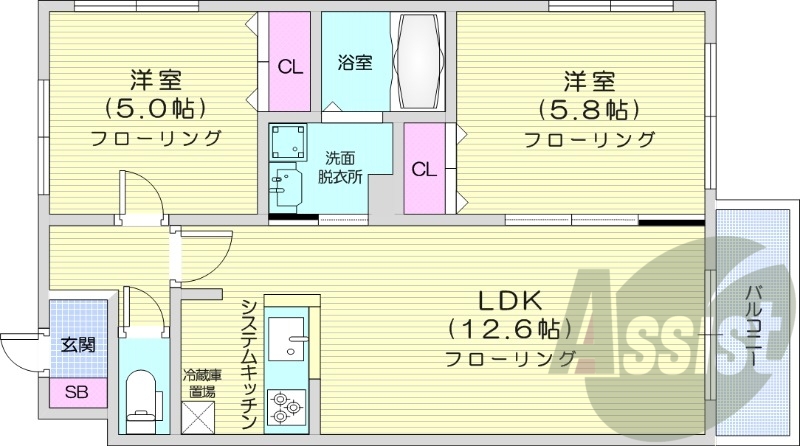 2LDK、トランクルーム、シャワートイレ、対面キッチン