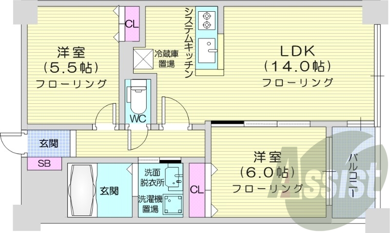 ２LDK、オートロック、宅配BOX、対面式キッチン