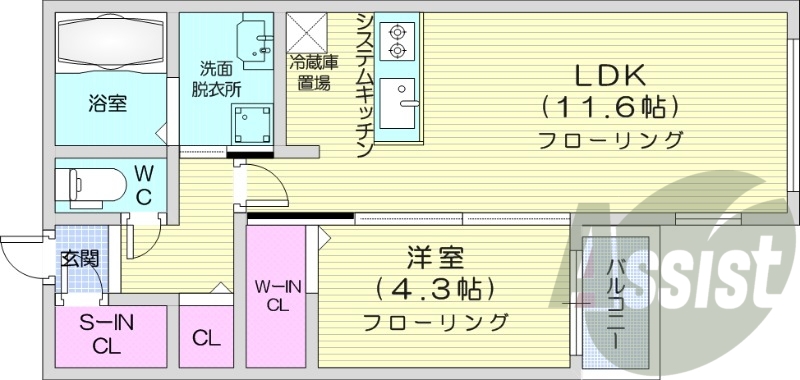 1LDK、都市ガス、エアコン、システムキッチン