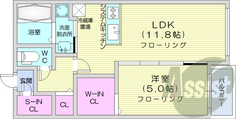 1LDK、都市ガス、エアコン、システムキッチン