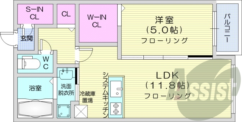 1LDK、都市ガス、エアコン、システムキッチン