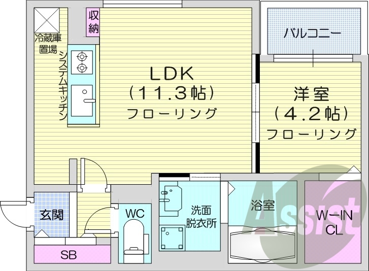 1LDK、都市ガス、エアコン、システムキッチン