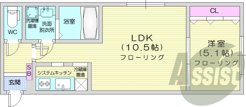 1LDK、システムキッチン、シャワートイレ、クローゼット